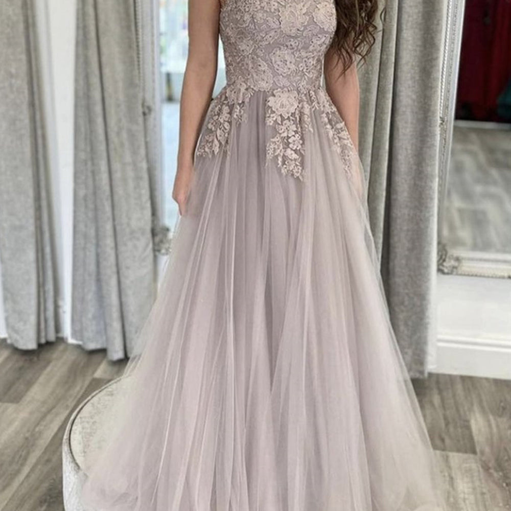 
                      
                        A Line Open Back Thin Strap Gray Lace Long Prom Dresses, Gray Lace Floral Formal Evening Dresses
                      
                    