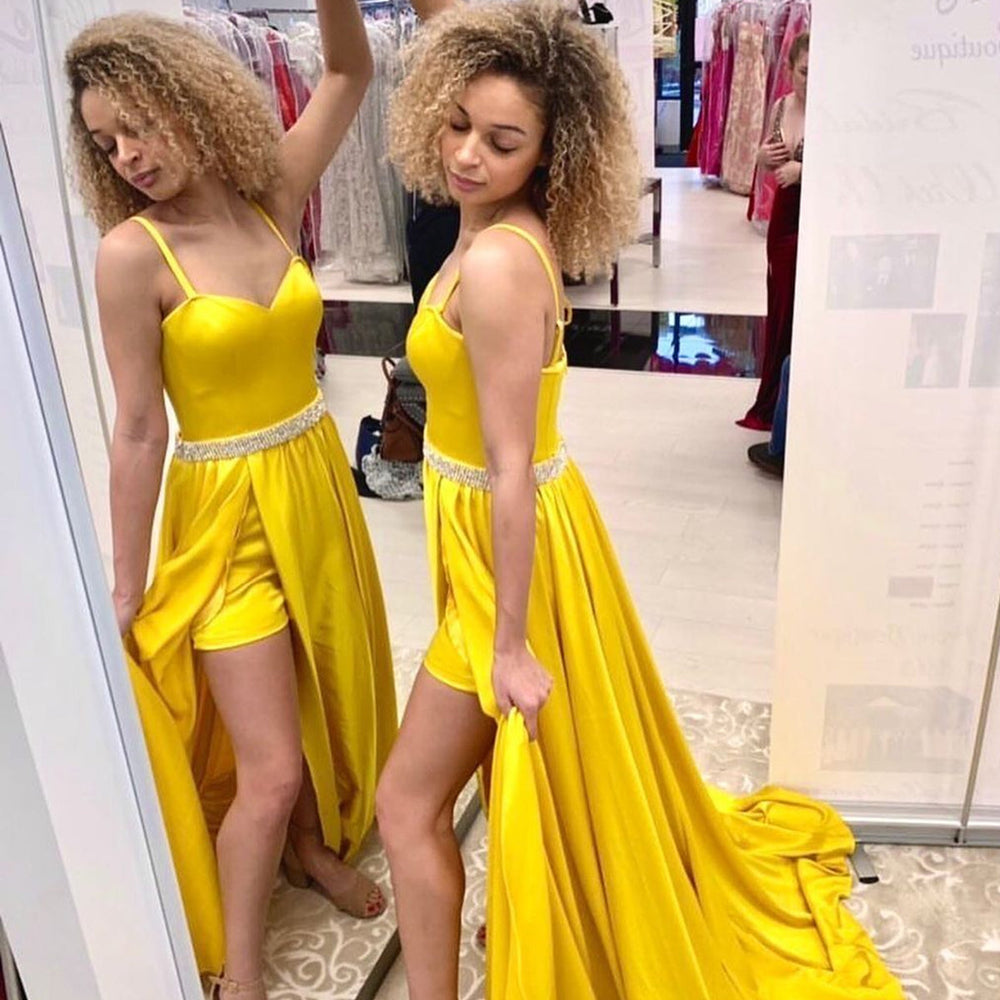 
                      
                        A Line Open Back Yellow Long Prom Dresses with Belt, High Slit Yellow Formal Dresses, Yellow Evening Dresses
                      
                    