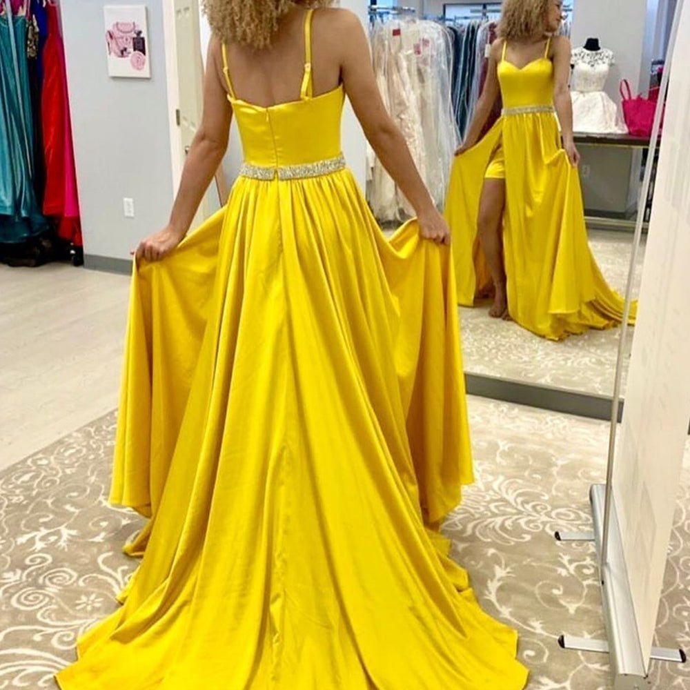 
                      
                        A Line Open Back Yellow Long Prom Dresses with Belt, High Slit Yellow Formal Dresses, Yellow Evening Dresses
                      
                    