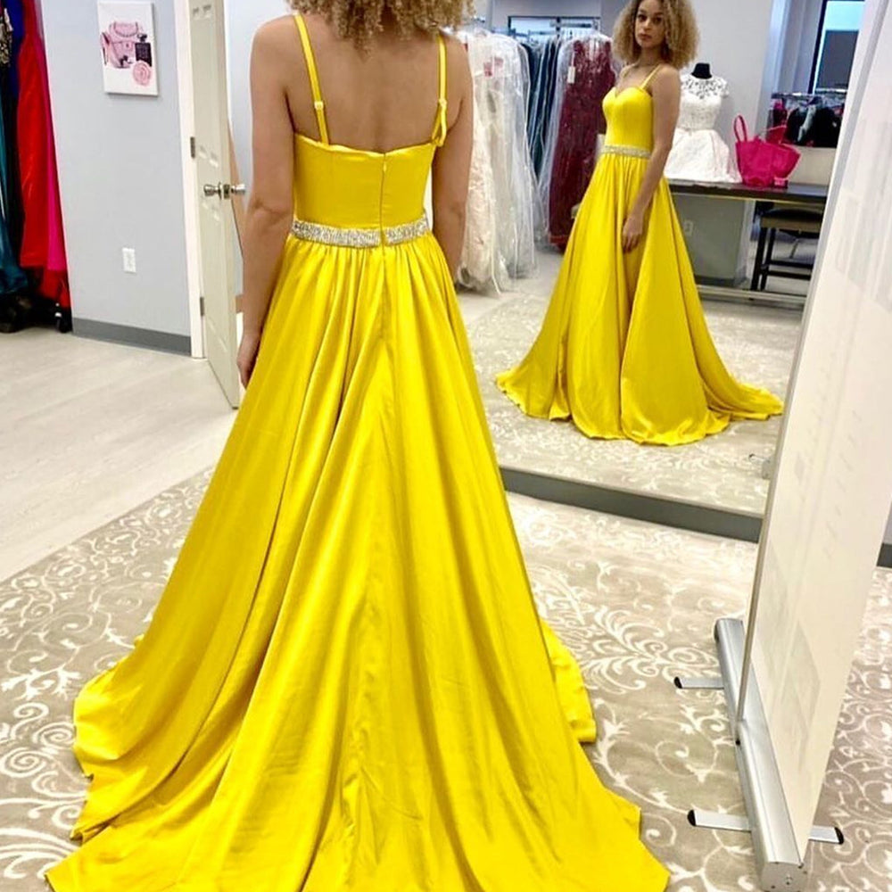 A Line Open Back Yellow Long Prom Dresses with Belt, High Slit Yellow Formal Dresses, Yellow Evening Dresses