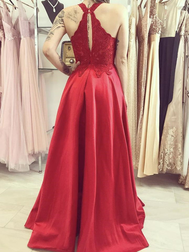 
                      
                        A Line Red Lace Long Prom Dresses, Long Red Lace Formal Graduation Evening Dresses
                      
                    