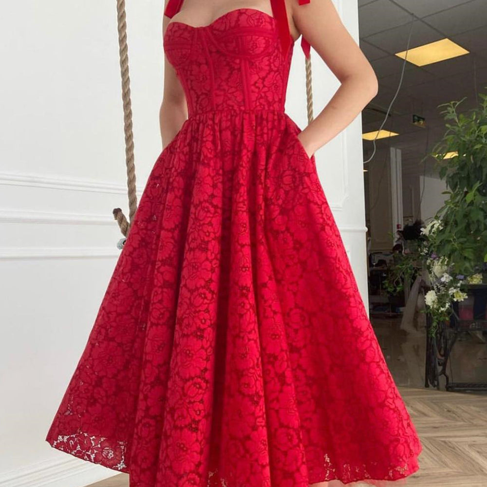 A Line Red Lace Tea Length Prom Dresses with Pocket, Red Lace Formal Evening Dresses