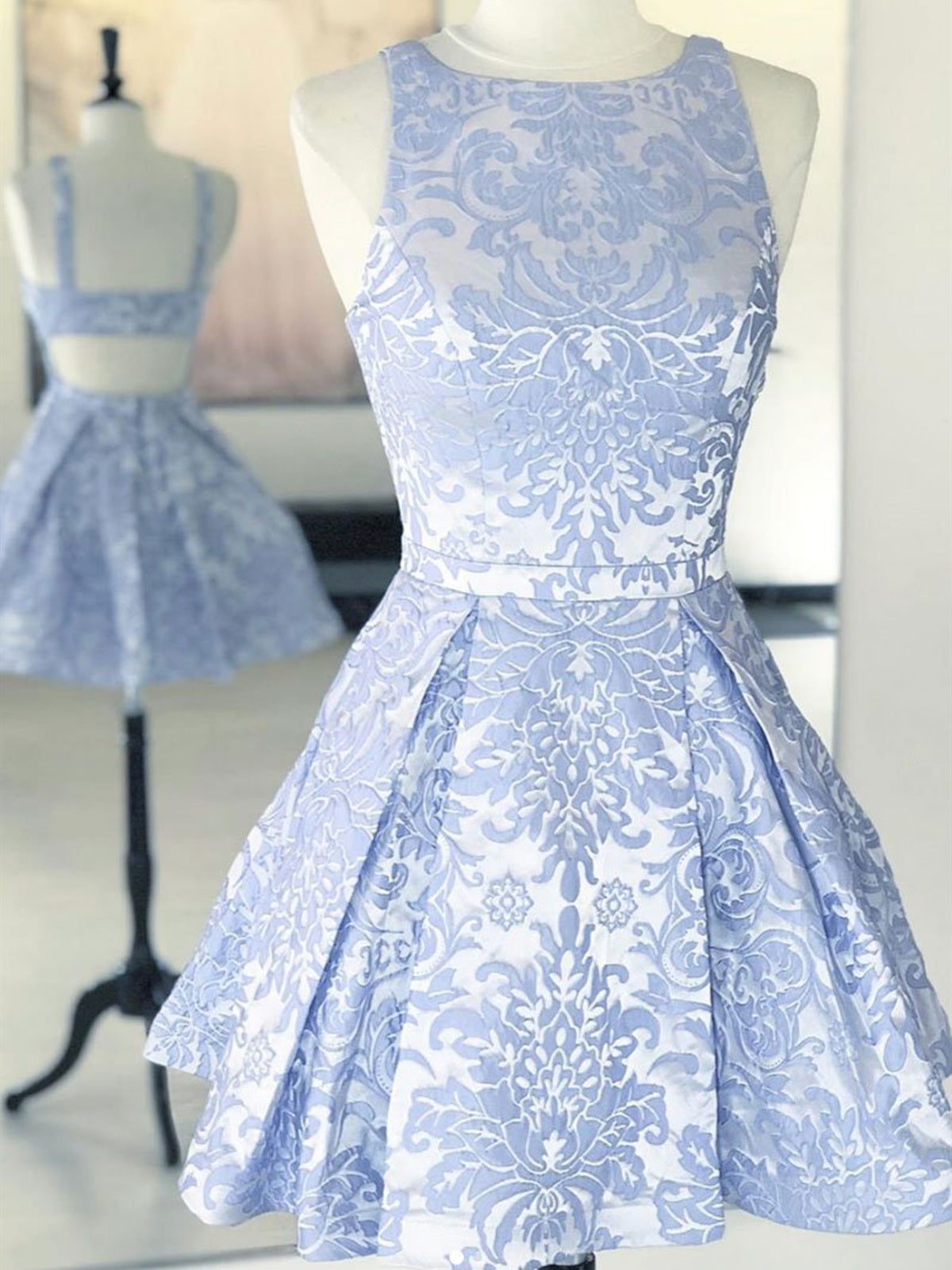 A Line Round Neck Open Black Short Blue Lace Prom Dresses, Short Blue Lace Formal Homecoming Graduation Dresses