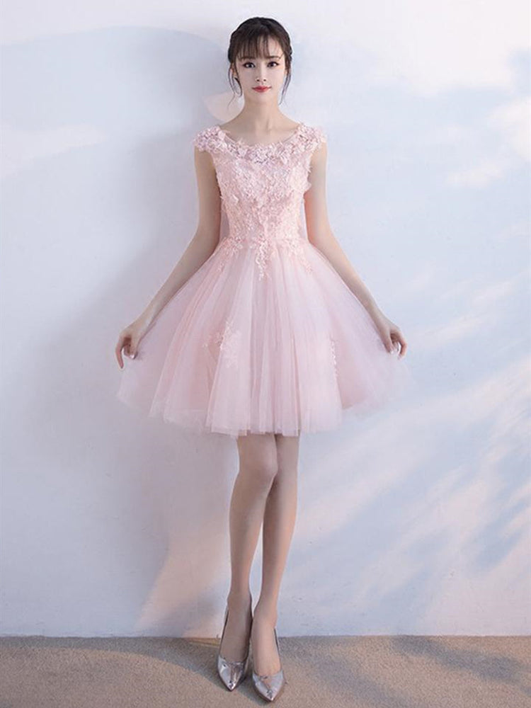 
                      
                        A Line Round Neck Short Pink Lace Prom Dresses, Pink Lace Formal Graduation Homecoming Dresses
                      
                    