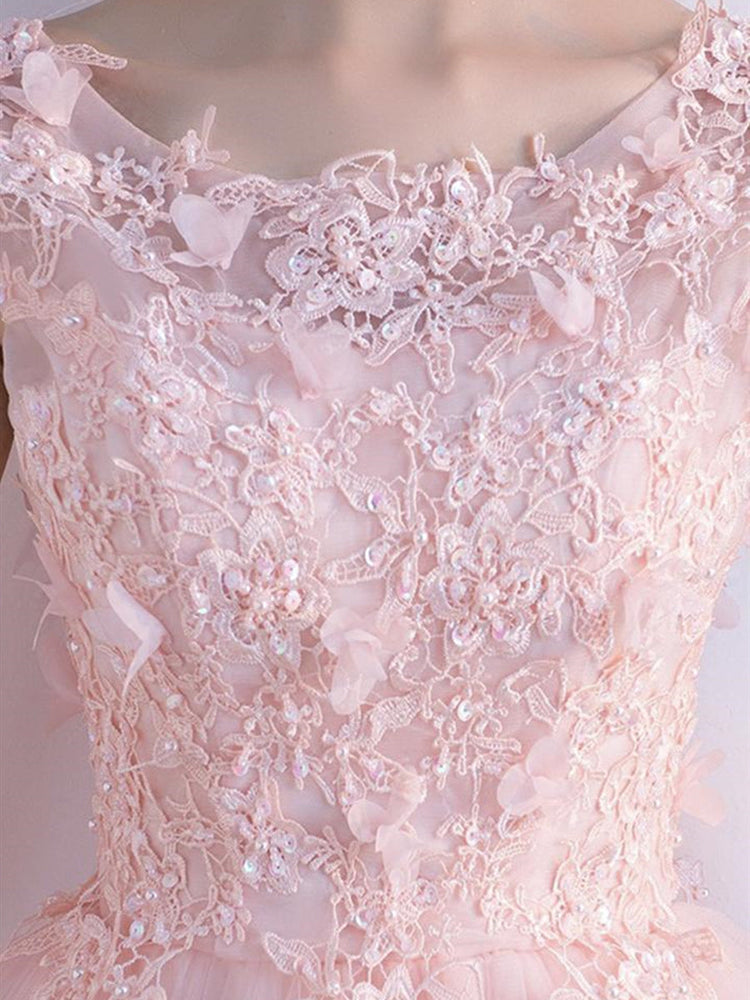 
                      
                        A Line Round Neck Short Pink Lace Prom Dresses, Pink Lace Formal Graduation Homecoming Dresses
                      
                    