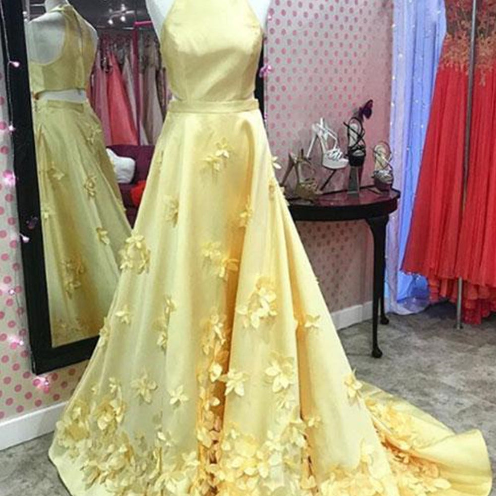 A Line Round Neck Yellow Floral Long Prom Dresses, 3D Flowers Yellow Formal Evening Dresses