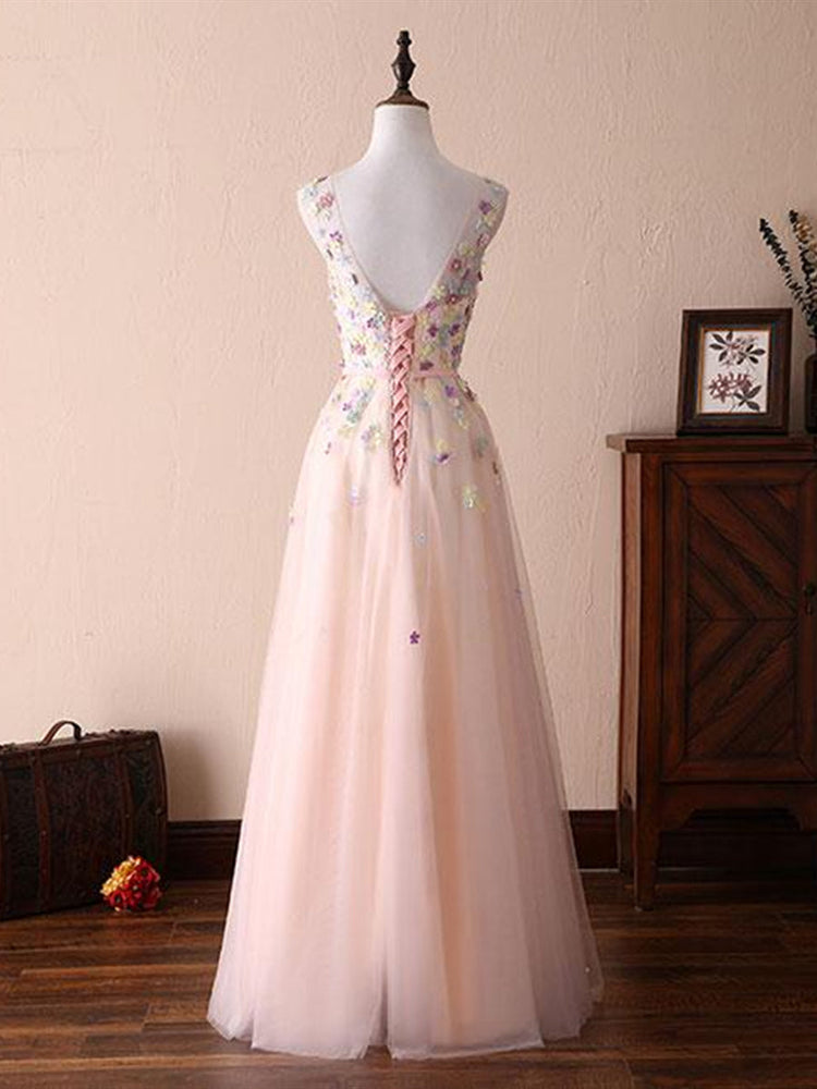 
                      
                        A Line Round Neck Flowers Appliques Light Pink Prom Dresses, Pink Formal Dresses, Evening Dresses with Flower
                      
                    