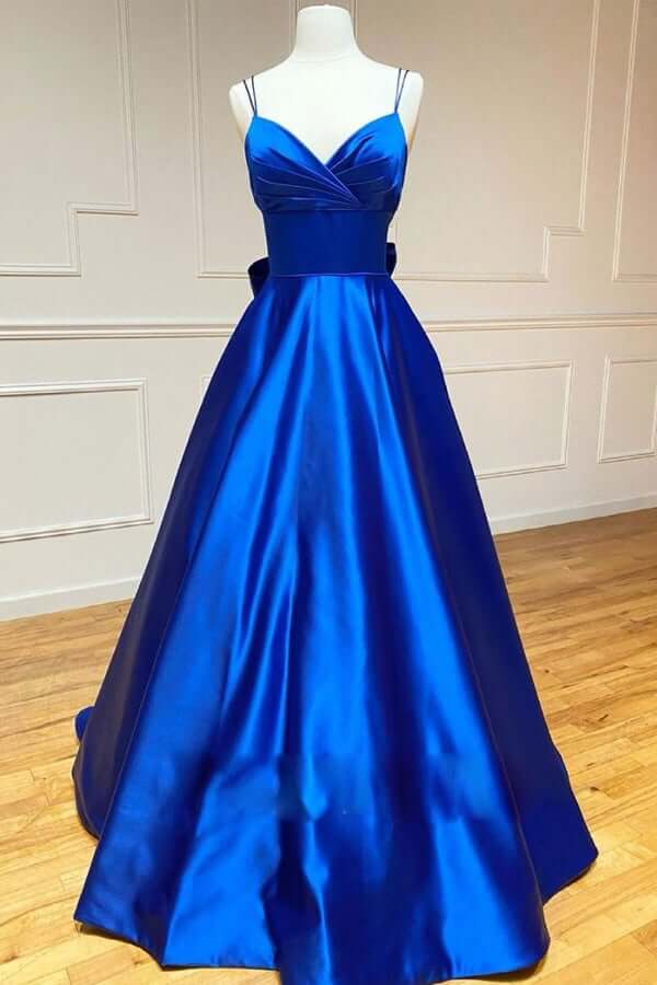 A Line Royal Blue Satin Spaghetti Straps Prom Dress With Bowknot