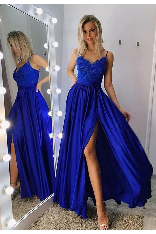 
                      
                        A-line Satin Straps Lace Appliqued Prom Dress With Slit
                      
                    