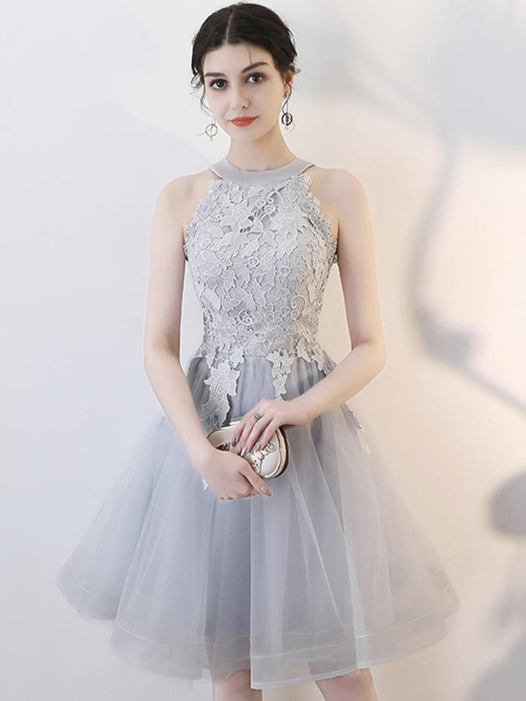 
                      
                        A Line Short Gray Lace Prom Dresses with Appliques, Gray Lace Formal Graduation Homecoming Dresses
                      
                    