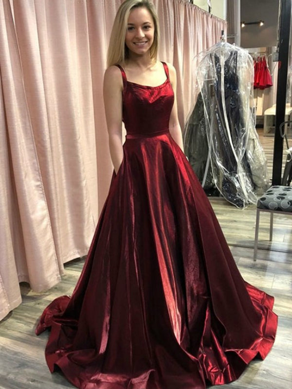 A Line tti Straps Burgundy Satin Long Prom Dresses with Pocket, Burgundy Formal Dresses, Burgundy Evening Dresses