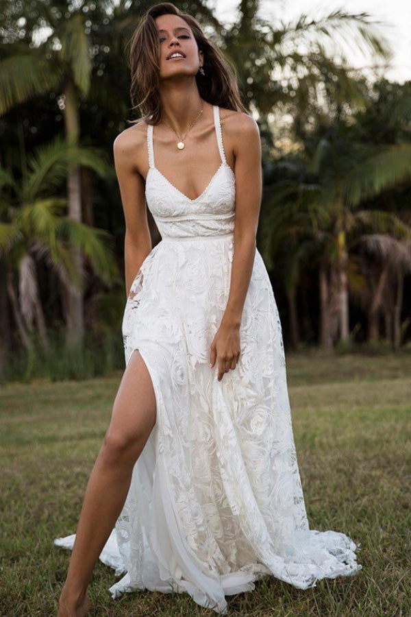 A Line Spaghetti Straps Beach Wedding Dress Lace Bridal Gown