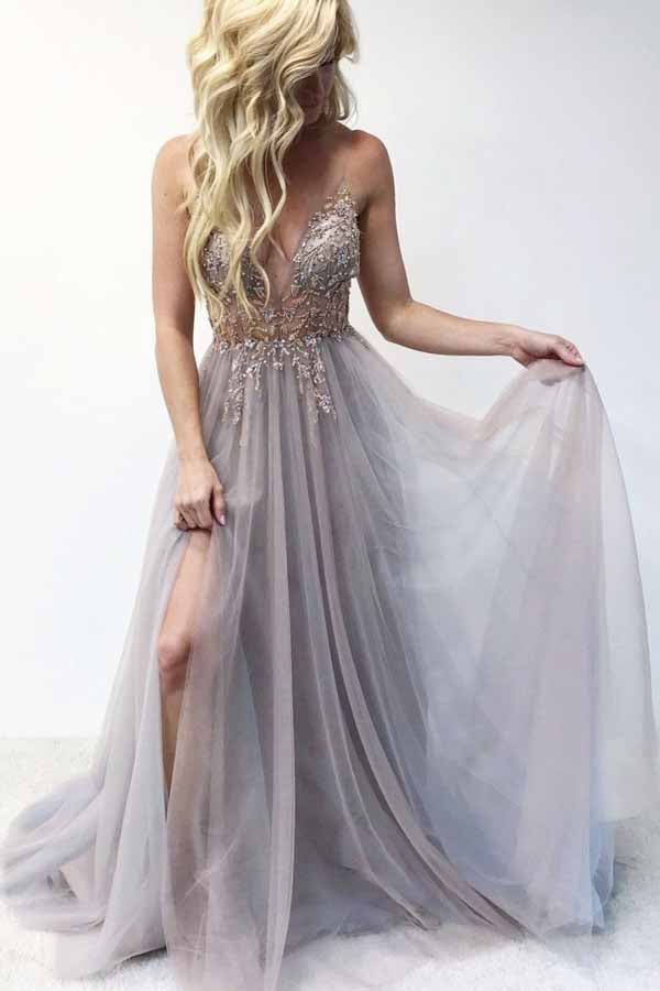 A-line Spaghetti Straps Beaded Prom Dresses With Slit