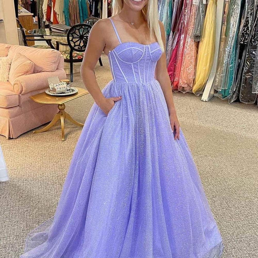 
                      
                        A Line tti Straps Blue/Pink/Lilac Tulle Long Prom Dresses, Shiny Blue/Pink/Lilac Formal Evening Dresses 
                      
                    