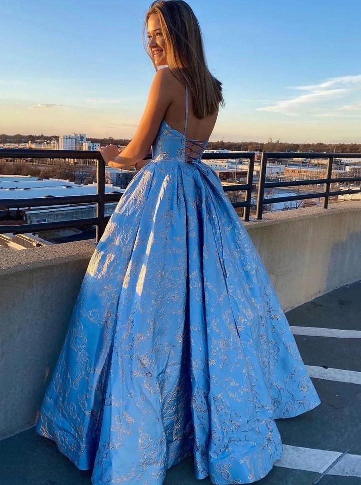 
                      
                        A Line Spaghetti Straps Satin Blue Prom Dress With Appliques
                      
                    