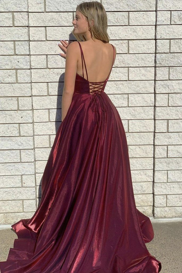 
                      
                        A-line Spaghetti Straps Satin Long Prom Dress Backless Evening dress
                      
                    