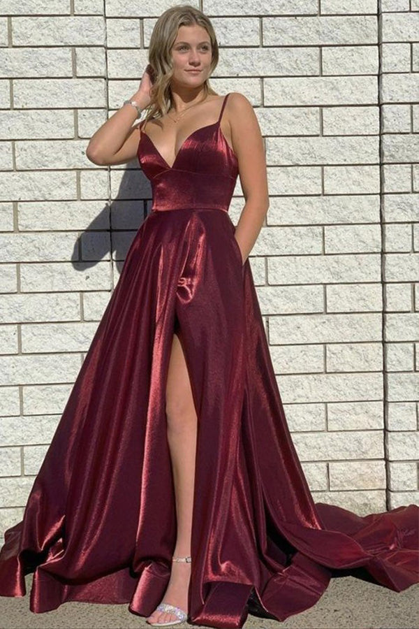 A-line Spaghetti Straps Satin Long Prom Dress Backless Evening dress