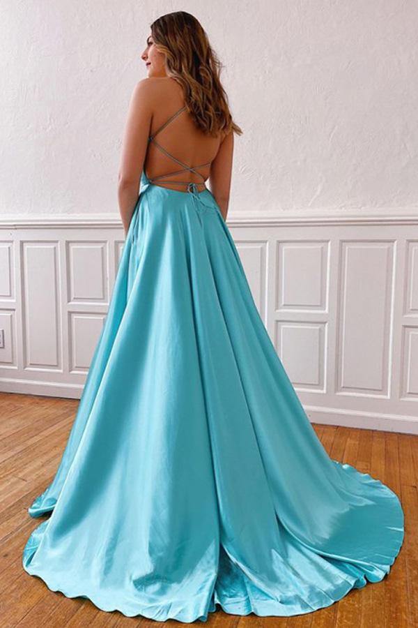 
                      
                        A Line Spaghetti Straps Satin Prom Dress Cross Back Evening Dress
                      
                    