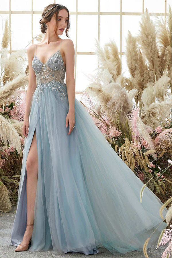 A-line Spaghetti Straps Split Prom Dress With Beading