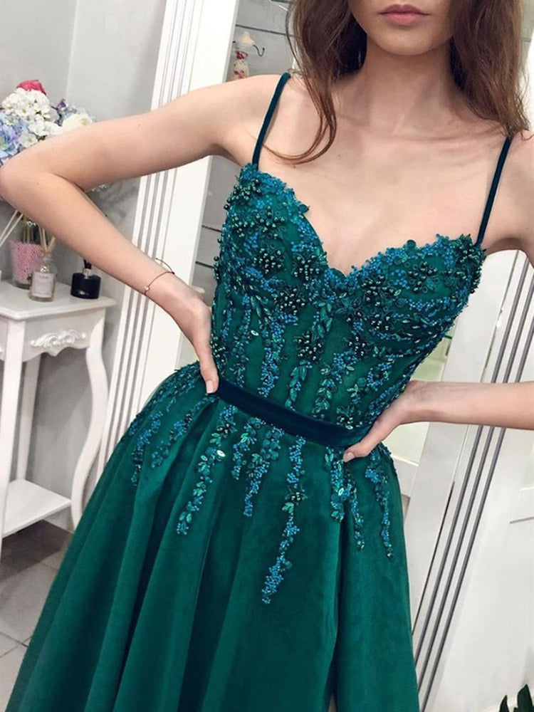 
                      
                        A Line tti Straps Sweetheart Neck Beaded Green Long Prom Dresses with Slit, Green Formal Dresses, Evening Dresses
                      
                    