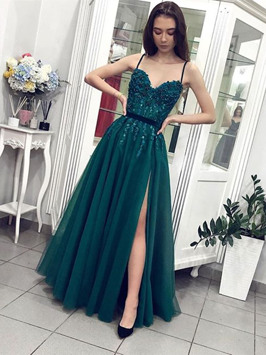 A Line tti Straps Sweetheart Neck Beaded Green Long Prom Dresses with Slit, Green Formal Dresses, Evening Dresses