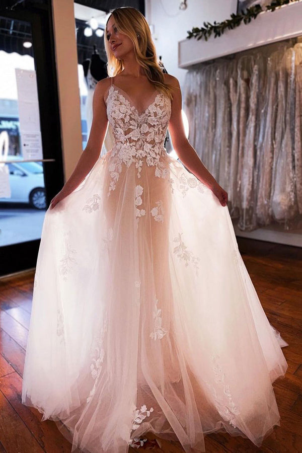 A Line Spaghetti Straps Tulle Wedding Dress Backless Bridal Gown 