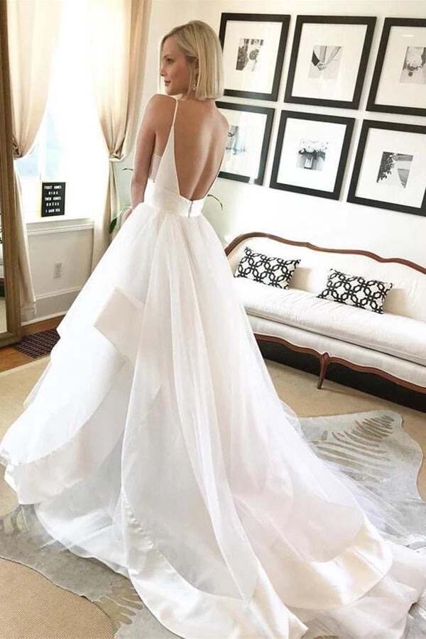 A Line Spaghetti Straps Tulle Wedding Dress With Ruffles