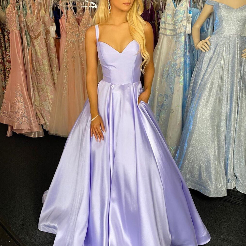 
                      
                        A Line tti Straps V Neck Purple Satin Long Prom Dresses with Belt, V Neck Purple Formal Graduation Evening Dresses
                      
                    