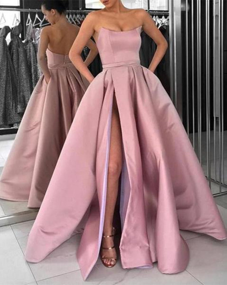 
                      
                        A Line Strapless High Slit Burgundy/Pink/Black Prom Dresses, High Slit Formal Dresses, Graduation Dresses
                      
                    