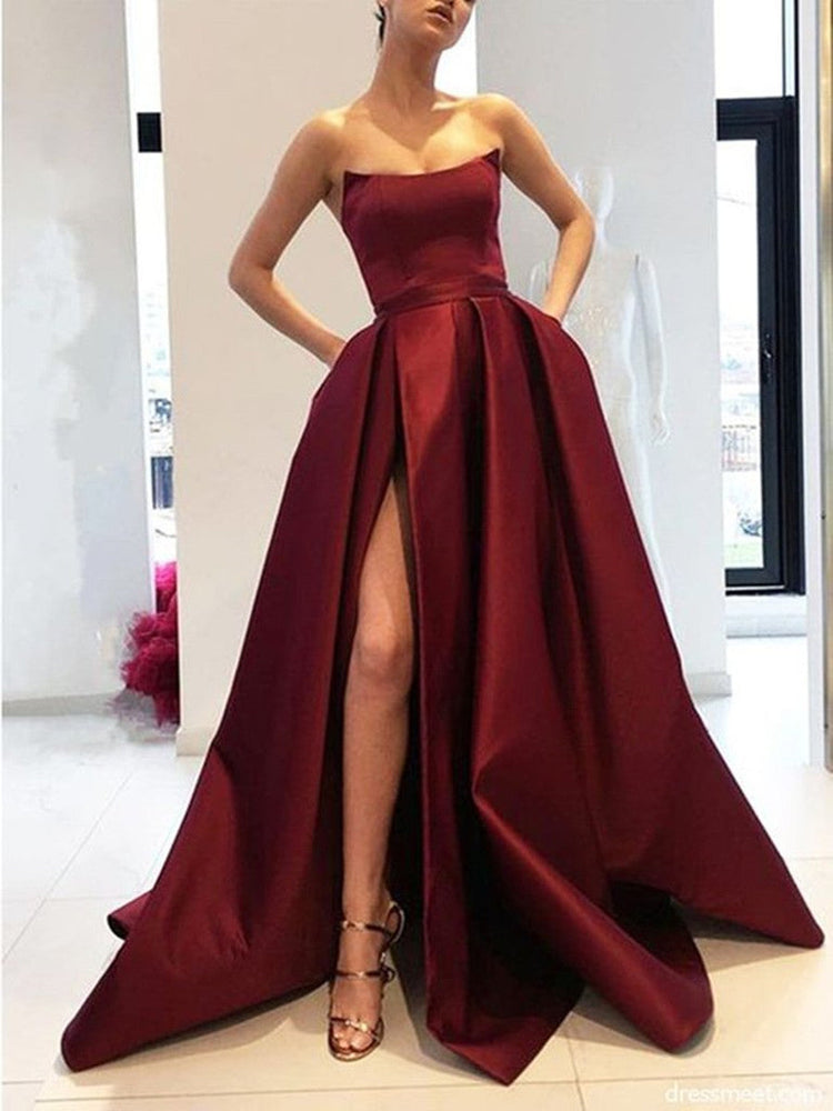 
                      
                        A Line Strapless High Slit Burgundy/Pink/Black Prom Dresses, High Slit Formal Dresses, Graduation Dresses
                      
                    