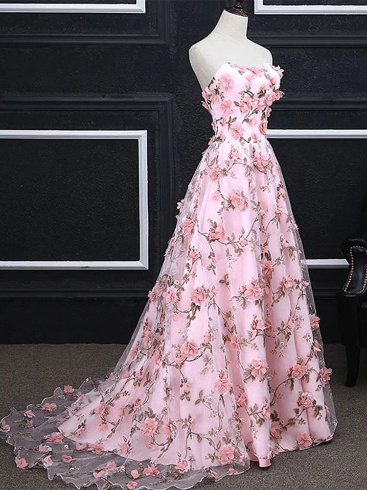 
                      
                        A Line Strapless Open Back 3D Flowers Pink Lace Prom Dresses, Pink Formal Graduation Evening Dresses with 3D Flowers
                      
                    