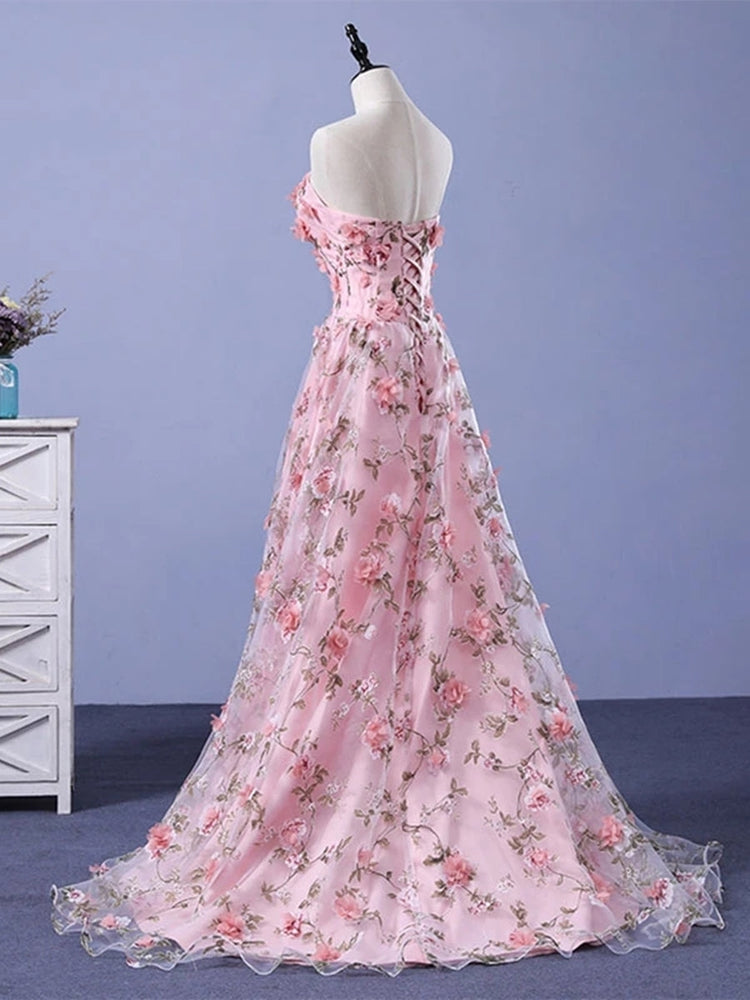 
                      
                        A Line Strapless Open Back 3D Flowers Pink Lace Prom Dresses, Pink Formal Graduation Evening Dresses with 3D Flowers
                      
                    