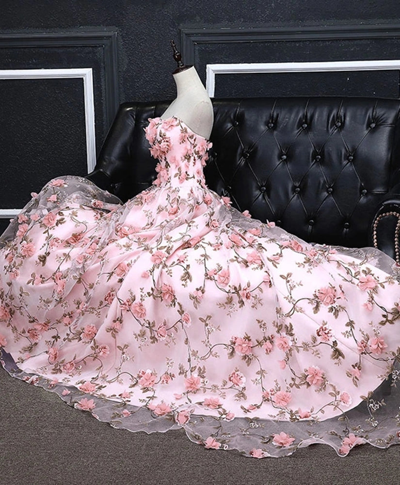 
                      
                        A Line Strapless Open Back 3D Flowers Pink Lace Prom Dresses, Pink Formal Graduation Evening Dresses with 3D Flowers
                      
                    