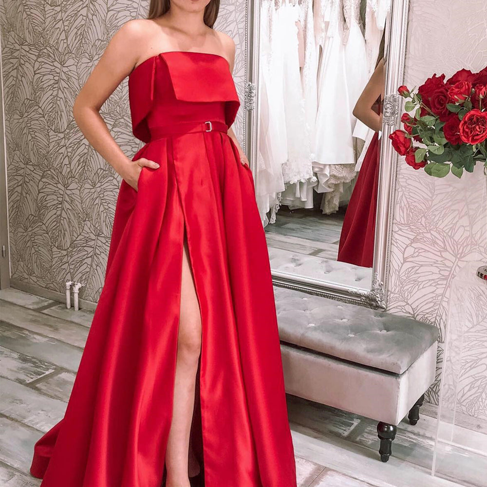 A Line Strapless Red Satin Long Prom Dresses with Pocket, High Slit Red Formal Graduation Evening Dresses 