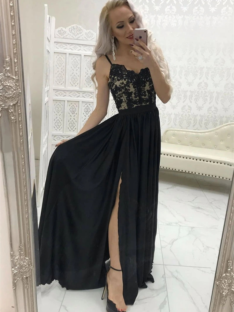 A Line Sweetheart Neck Lace Long Black Prom Dresses with  Black Lace Formal Graduation Evening Dresses, Black Party Dresses