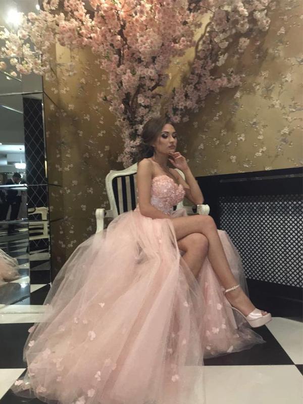 
                      
                        A Line Sweetheart Pink Tulle Prom Dress Floral Evening Dress
                      
                    