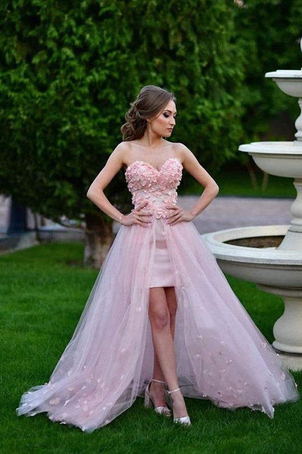 A Line Sweetheart Pink Tulle Prom Dress Floral Evening Dress