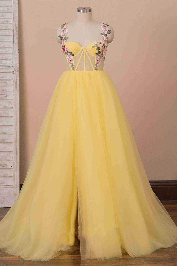 A Line Sweetheart Yellow Tulle Prom Dress Floral Party Dress