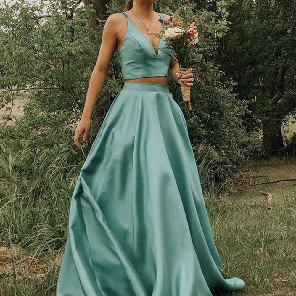 A Line V Neck 2 Pieces Green Satin Long Prom Dresses, Two Pieces Green Long Formal Evening Dresses