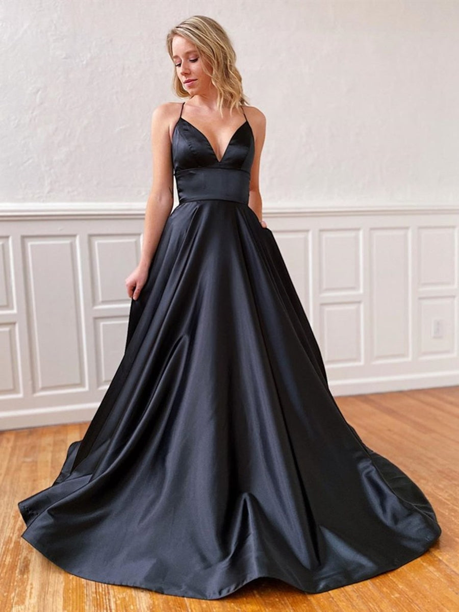 A Line V Neck Backless Black Long Prom Dresses, Backless Black Formal Dresses, Black Evening Dresses, Party Dresses