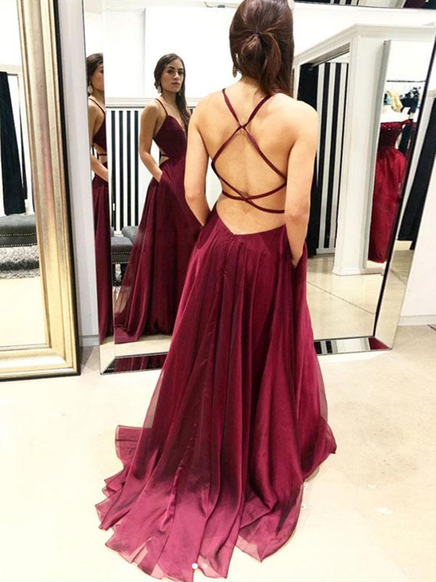 A Line V Neck Backless Burgundy Chiffon Long Prom Dresses with Pocket, Backless Burgundy Formal Graduation Evening Dresses