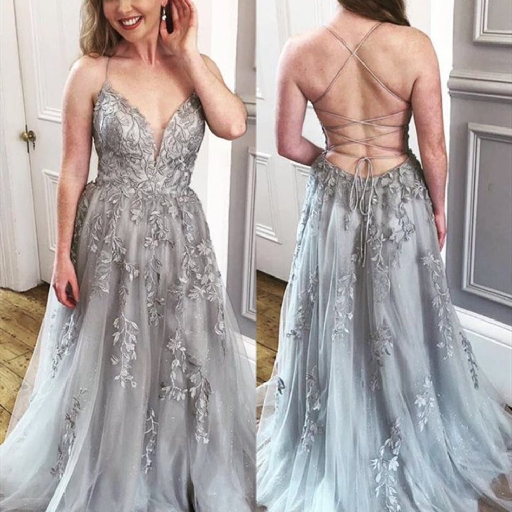 A Line V Neck Backless Gray Lace Long Prom Dresses, Grey Lace Formal Evening Dresses