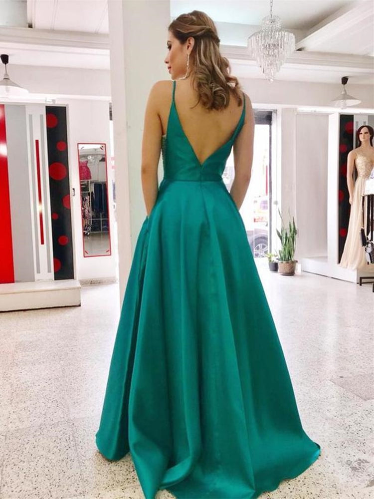 
                      
                        A Line V Neck Backless Green Long Prom Dresses with Pocket, Backless Green Formal Graduation Evening Dresses
                      
                    