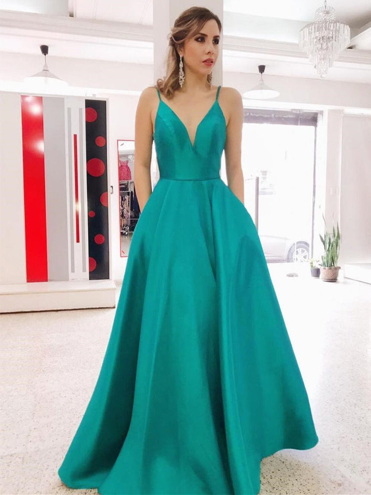 A Line V Neck Backless Green Long Prom Dresses with Pocket, Backless Green Formal Graduation Evening Dresses