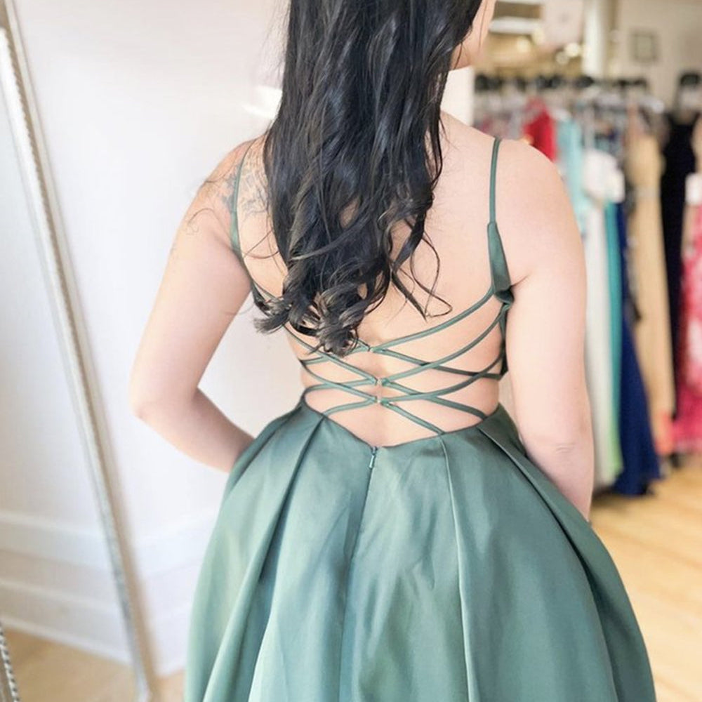 
                      
                        A Line V Neck Backless Green Satin Long Prom Dresses, Open Back Green Formal Dresses, Green Evening Dresses
                      
                    