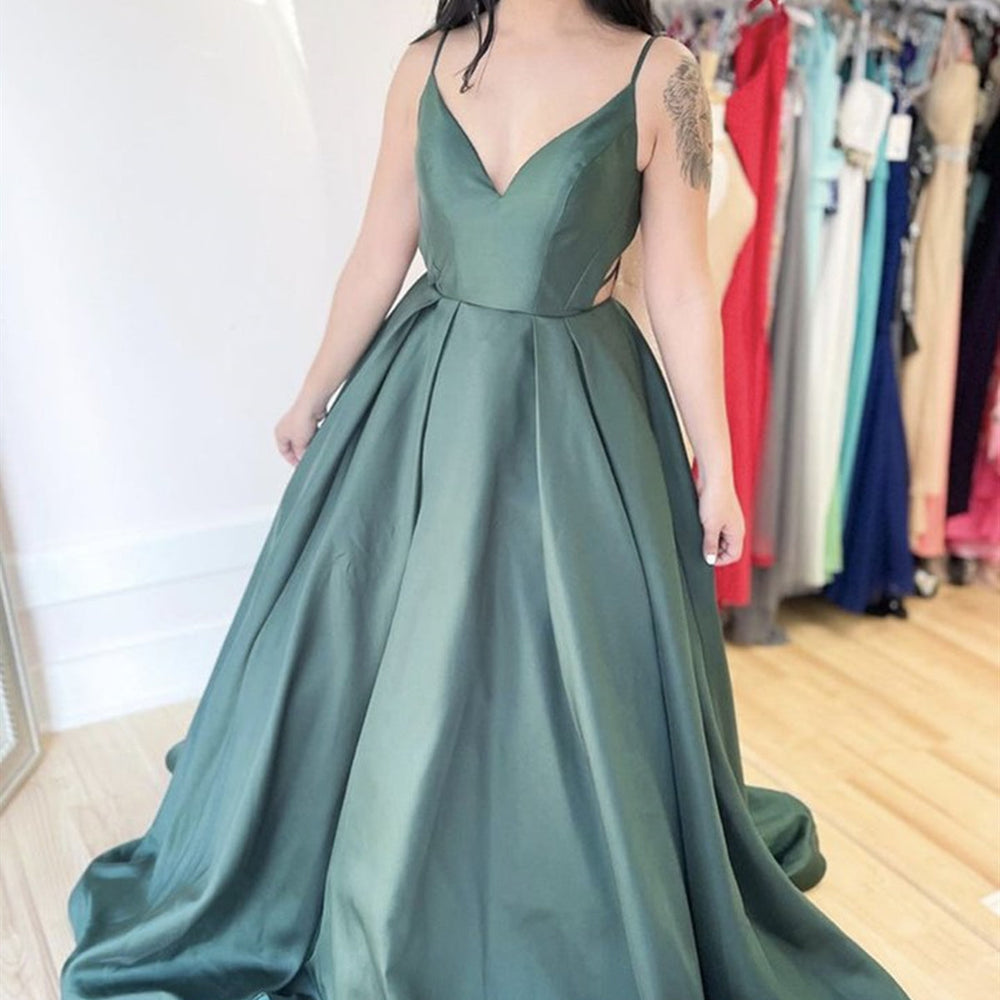 A Line V Neck Backless Green Satin Long Prom Dresses, Open Back Green Formal Dresses, Green Evening Dresses