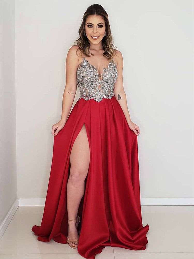 
                      
                        A Line V Neck Backless Lace Appliques Red/Light Blue Prom Dresses with Slit, Lace Backless Red/Light Blue Formal Dresses, Lace Evening Dresses
                      
                    