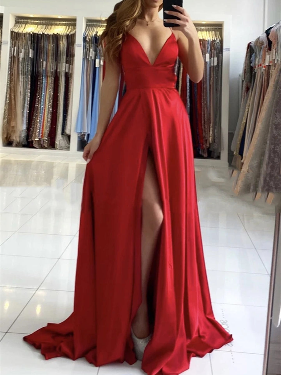 A Line V Neck Backless Long Red Prom Dresses with High Slit, Backless Red Formal Graduation Evening Dresses