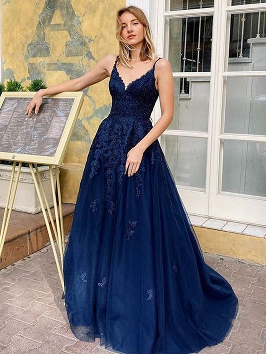 A Line V Neck Backless Navy Blue Lace Long Prom Dresses, Open Back Navy Blue Lace Formal Dresses, Navy Blue Lace Evening Dresses