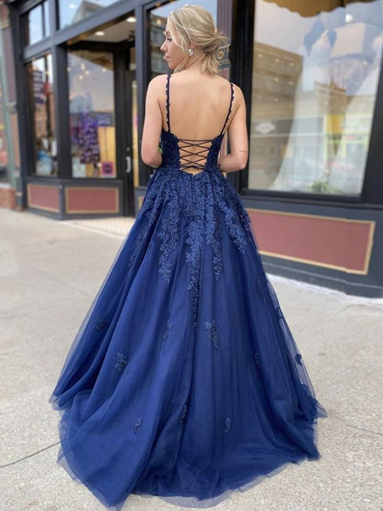 
                      
                        A Line V Neck Backless Navy Blue Lace Prom Dresses 2020, Backless Navy Blue Lace Formal Dresses, Navy Blue Lace Evening Dresses
                      
                    